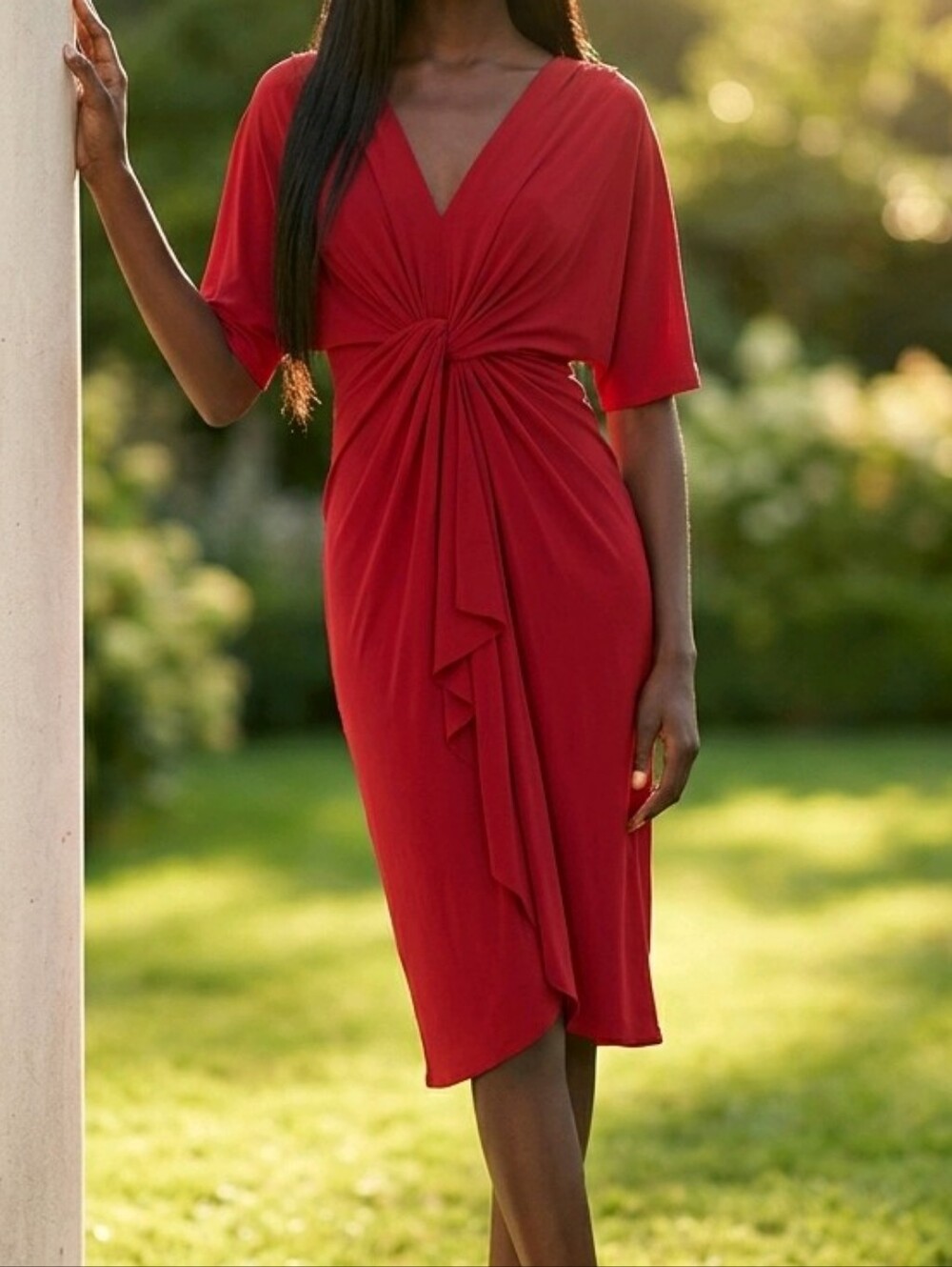 Catherine Malandrino Red Twist-Knot V-Neck Midi Dress